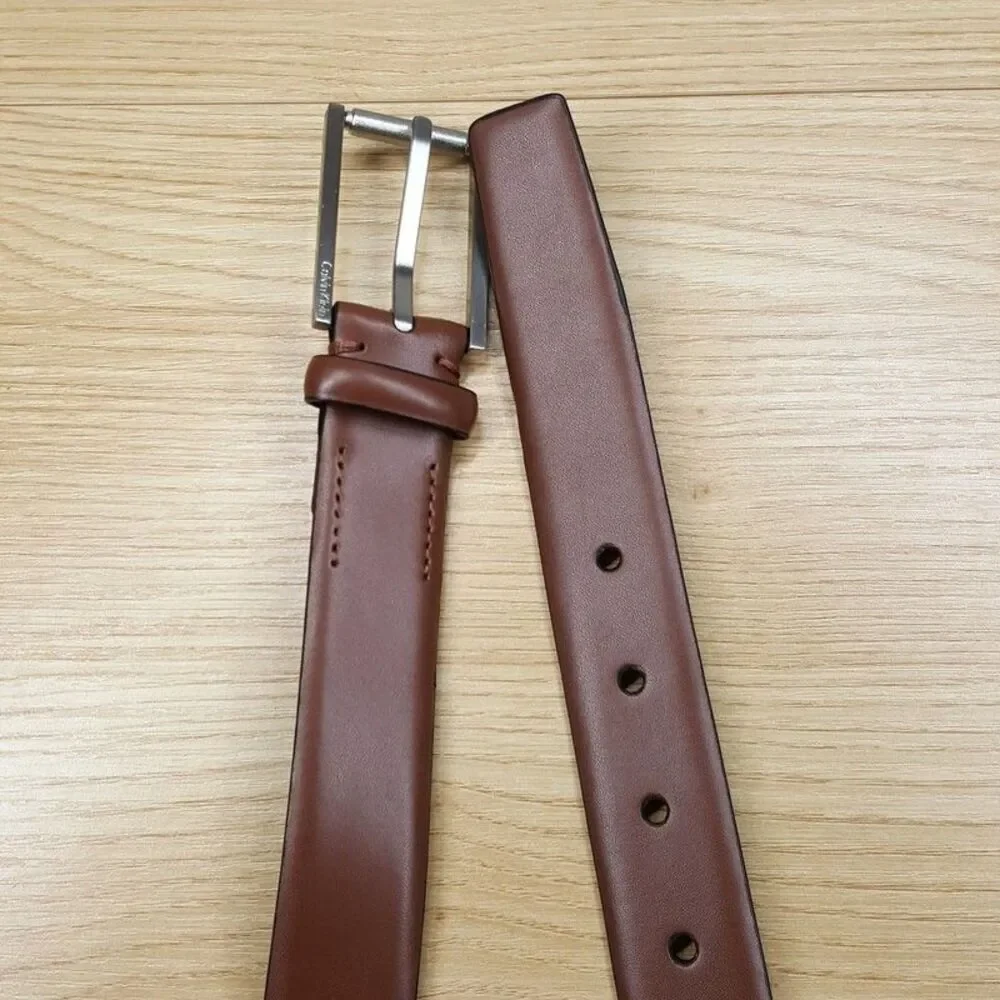 CALVIN KLEIN Belt Mens Size 42 Brown Cognac Genuine Leather Silver Logo Buckle